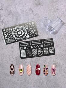 2片蝴蝶和心形花卉图案美甲印花板，1个带盖美甲印章，美甲印花工具套装（含刮刀） - 銀色 - 查看 1