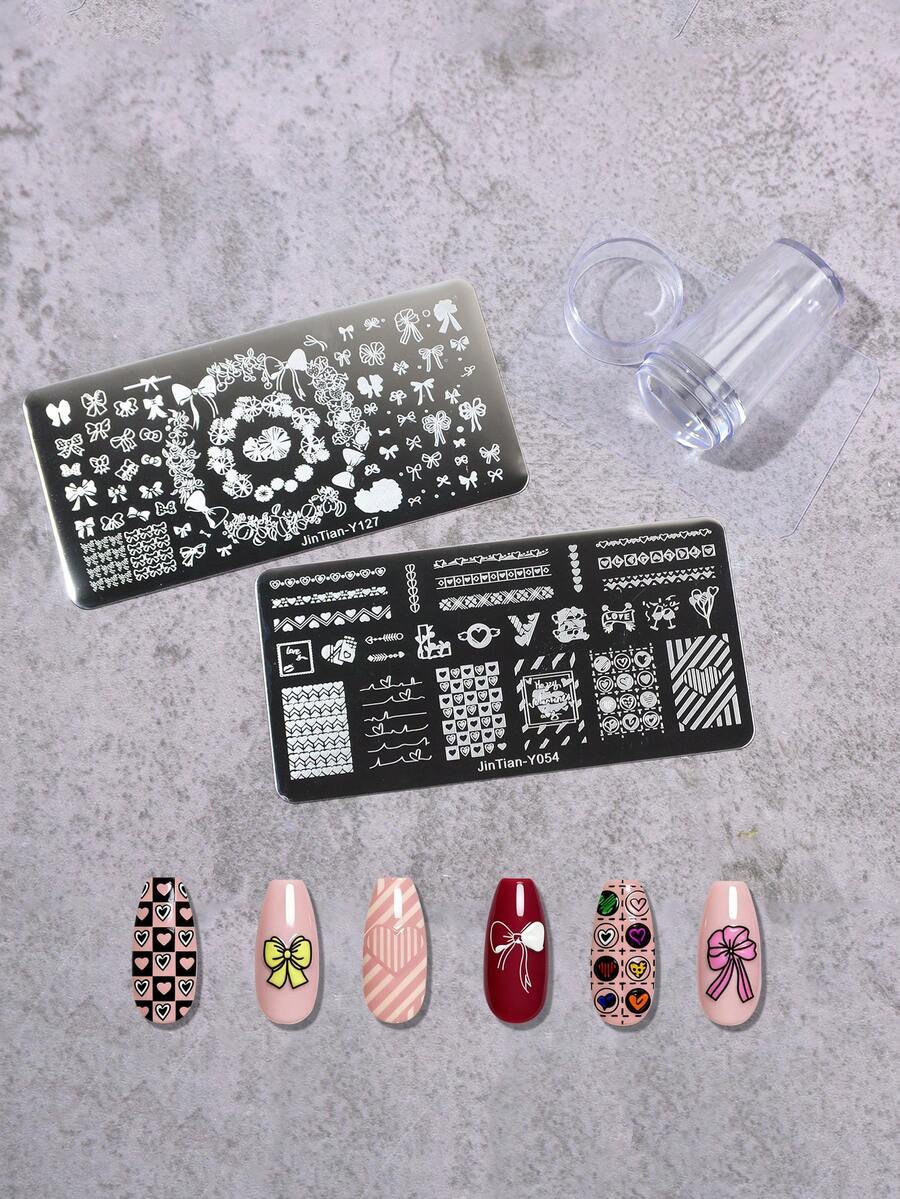 2片蝴蝶和心形花卉图案美甲印花板，1个带盖美甲印章，美甲印花工具套装（含刮刀） - 銀色 - 查看 1
