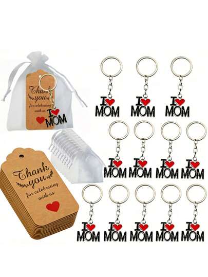 Bộ quà tặng móc khóa "Con yêu mẹ" 15 món/3 món - Bao gồm 5/1 móc khóa, 5/1 thiệp "Cảm ơn" và 5/1 túi vải satin. Bộ sản phẩm này có các móc khóa chữ "Mẹ", rất thích hợp cho các buổi họp mặt gia đình, tiệc sinh nhật của Mẹ, quà tặng Ngày của Mẹ và quà lưu niệm cho khách.