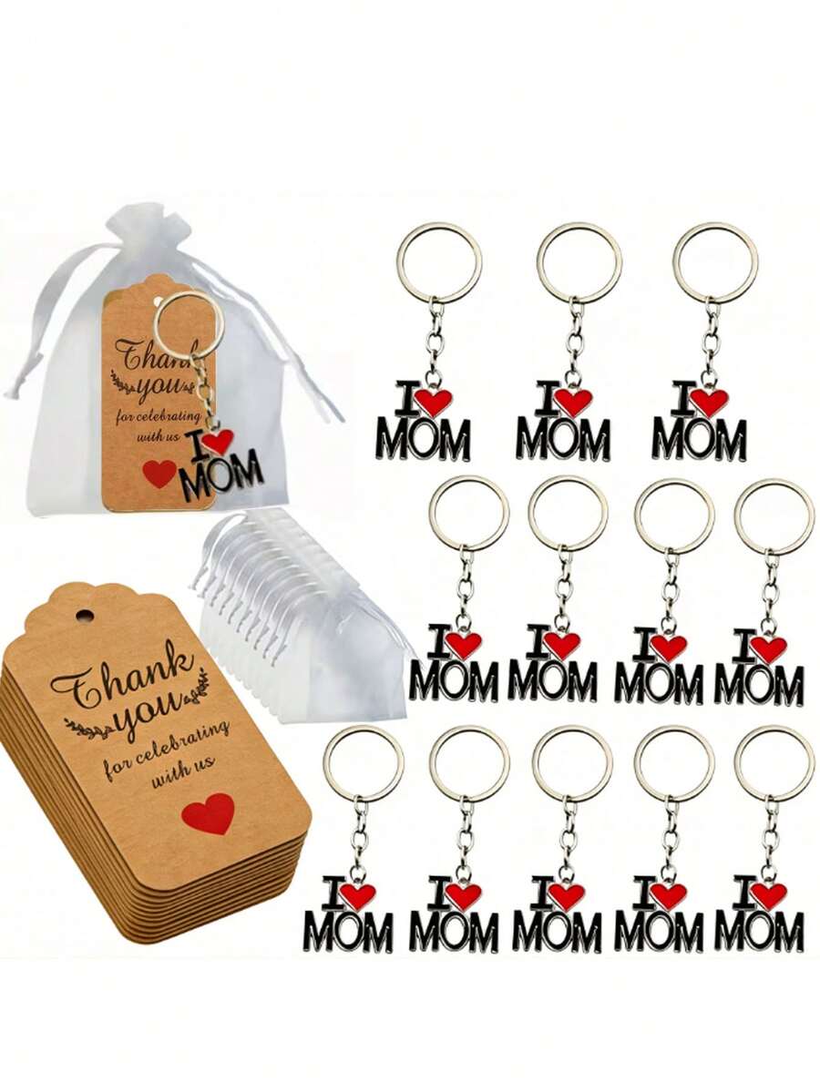 30个/15个/3个“我爱妈妈”钥匙扣礼盒套装 - 包括5个/1个钥匙扣、5张/1张“谢谢”卡片和5个/1个缎面袋。此套装包含“妈妈”字母钥匙扣，非常适合家庭聚会、母亲生日派对、母亲节礼物和宾客回礼。 - 均碼 - 查看 1