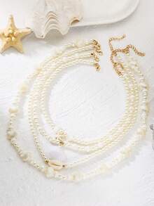 4件套贝壳、海星和珍珠项链套装，适合女士海滩度假和旅行 - 彩色 - 查看 3
