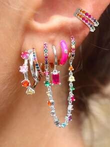 6件套奢华24K镀金立方氧化锆吊坠耳环套装，彩色锆石耳环，女士时尚首饰 - 金色 - 查看 10