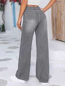 Women's Loose Casual Straight Leg Jeans With Pockets, Simple Washed Pants, Suitable Summer Wear And Also A Must-Have Item Halloween - 灰色 - 查看 8