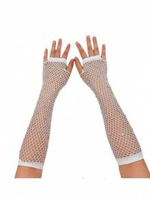 2pcs 1980s Neon Street Party Punk Rhinestone Fishnet Fingerless Gloves, Suitable For Halloween Party, Mother's Day Gift, Ball Dance Hollow Gloves, Party Fishnet Elastic Mesh Gloves, Fashion Neon Fishnet Long Fingerless Gloves - Multicolor - View 14