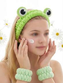 5pcs/Set Women's Daily Makeup Headband & Hair Clip Set, Cartoon Frog Headband, Cloud Headband & Frog Bracelet Headband Set - Mint Green - View 2