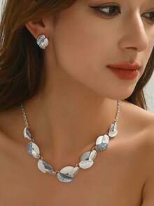 1 Necklace + 1 Pair Earrings Fashion Luxury Creative Metal Leaf Women Jewelry Set, Suitable For Daily Casual, Party, Music Festival, Beach Holiday Wear - Blue and Silver - View 3