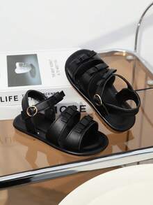 1双黑色软皮幼儿/小女孩平底凉鞋，圆头蝴蝶结，可调节鞋带，防滑软底，适合3-12岁女孩，日常、海滩穿着，2026春夏款 - 黑色 - 查看 7