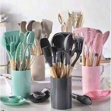 Utensilios de cocina de silicona con mango de madera, pequeñas herramientas de cocina para el hogar, resistentes al calor y antiadherentes - Multicolor - Ver 1