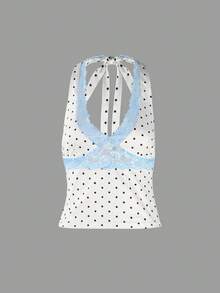 Camiseta de tirantes corta de mujer, top corto de verano con estampado de lunares y encaje, con lazo delantero, adecuado para uso diario, fiestas y citas informales, color blanco - Blanco - Ver 5