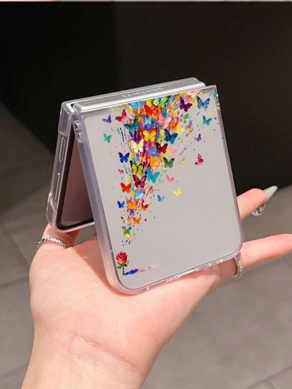 1个时尚简约磨砂PC材质折叠手机壳，简约可爱，彩色蝴蝶玫瑰元素，可保护手机并防止跌落，适用于：三星Galaxy Zflip 3/Zflip 4/Zflip 5/Zflip 6/Zflip 7/ Find N3 Flip/ Razr 50 Ultra/ Razr 60 Ultra/ 60/ Razr 50/小米MIX Flip/Galaxy Z Flip7 FE