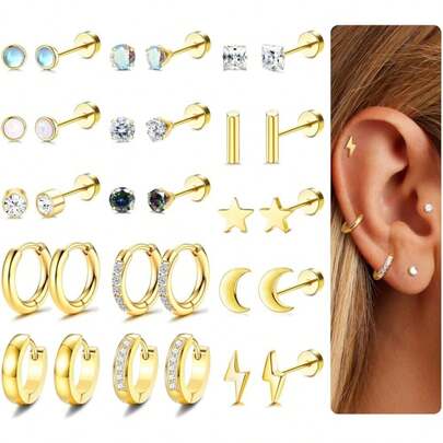 ORAZIO 15 Pairs Cartilage Hoop Earrings Set For Women Men 20G Surgical Steel CZ Flat Back Earrings Helix Piercing Jewellery