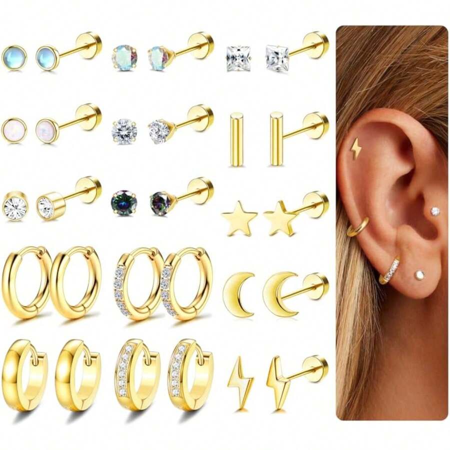 ORAZIO 15对耳骨环耳环套装，男女通用，20G医用钢材质，镶嵌锆石，平底耳钉，耳骨穿刺饰品 - 彩色 - 查看 1