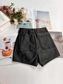 Women's Solid Color Metallic PU Leather Pocket Sexy Shorts Black Summer - 黑色 - 查看 7