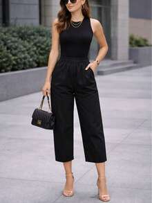 Pantalón dama mujer cintura elástica delgado y fresco para verano de moda casual unicolor - Negro - Ver 4