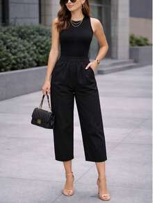 Pantalón dama mujer cintura elástica delgado y fresco para verano de moda casual unicolor - Negro - Ver 5
