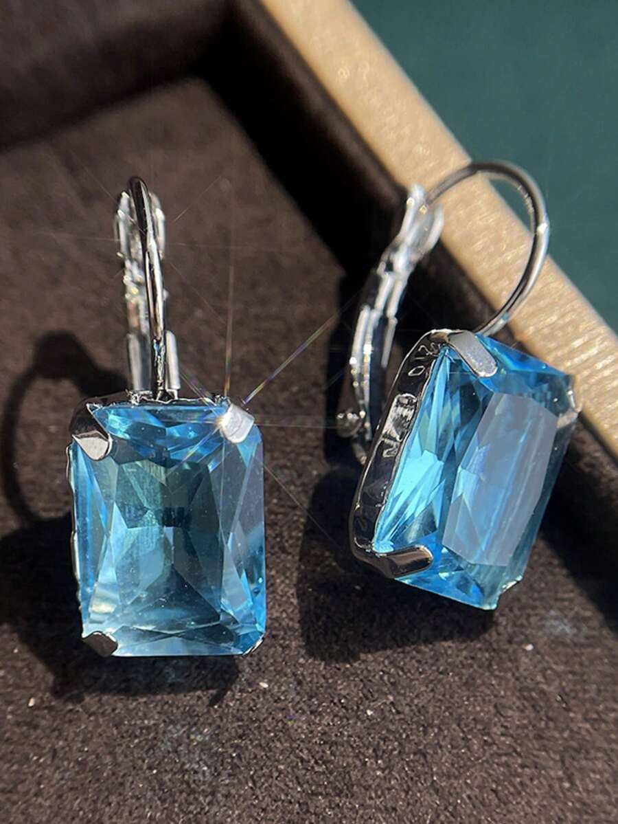 Fashionable & Elegant Aquamarine Cubic Zirconia Square Transparent Pendant Earrings, Suitable For Daily Wear, Holidays, And Most Occasions, Great For Women And Girls - Baby Blue - View 1