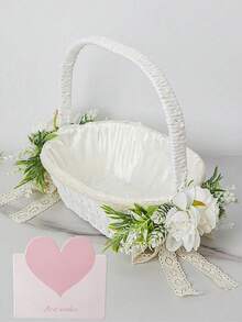 Large White Flower Girl Basket With Satin Ribbon Bow, Suitable For Wedding Flower Girl - 1PC - View 6