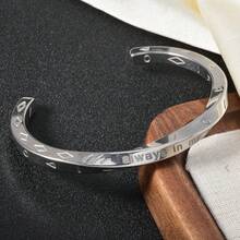 1pc Minimalist Luxury 18K Gold Plated Silver Infinity Loop Engraved Open Bangle Bracelet, Unisex Daily Wear, Couples Jewelry - Silver - View 6