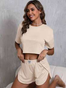 2pcs Women Summer Casual Solid Color Short Sleeve Crew Neck Crop Top & High Slit Shorts Pajama Set, Spring/Summer Lounge Set - Rượu sâm banh - Xem 3