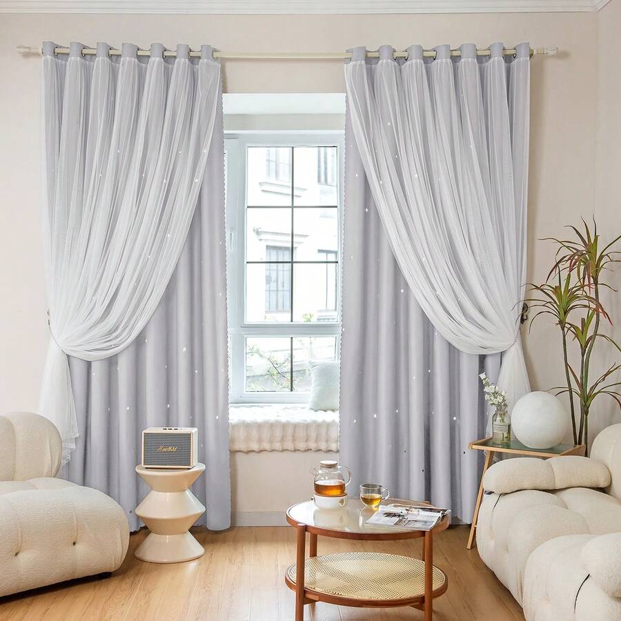 1pc Hollow Star Sheer Curtain, Polyester Lace Double-Layer Blackout Curtain For Living Room Bedroom, Cute Style - 白色 - 查看 1