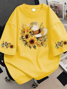 Sunflower Floral Print T-Shirt, Plus Size Women's Casual Summer Top, Suitable For Summer Vacation, Beach, Spring, Mother's Day, Daily Wear, Wedding, Beach, Fitness, Graduation, Party, Fashionable Spring Top - Yellow - View 1
