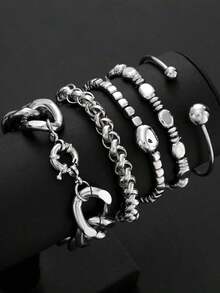 5pcs Vintage Exaggerated Minimalist Old Coin Design Layered Chunky Chain Beaded Bracelet Set, Suitable For Date, Party, Ball, Holiday, Daily Outfit, Party/Festival Gift For Women - 銀 6 - 查看 2
