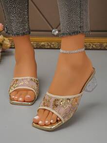 Dép lê nữ đế dày đính sequin lưới trong suốt, đính pha lê, kiểu dáng slip-on, thêu họa tiết, màu vàng. - Vàng - Xem 5