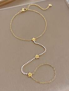 1pc Luxury Elegant Star-Shaped Zirconia Bead Finger Chain Bracelet, Women's Stainless Steel Gold-Plated Jewelry, Suitable For Daily Wear, Party, Valentine's Day Gift - Multicolor 3 - View 6