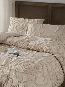 2/3件套卡其玫瑰簇绒提花涤纶被套组，现代奢华四季床上用品套装（1个被套+1/2个枕套），柔软透气，无填充物 - 卡其色 - 查看 2