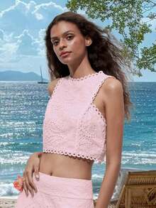 1 pieza Blusa corta sin mangas con bordado floral hueco vintage, patrón floral aleatorio - Rosa - Ver 11