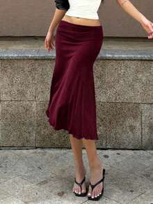黑色褶裥腰身鱼尾下摆低腰修身中长裙，适合日常通勤，春季穿着。 - 酒紅色 - 查看 1