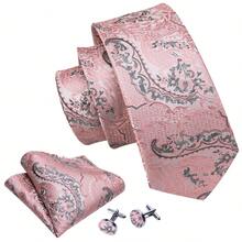 Set Dasi Pria Motif Paisley Merah Muda-Abu-abu - Termasuk Sapu Tangan Saku, Manset, dan Klip Dasi Emas yang Serasi, Cocok untuk Acara Formal Seperti Pernikahan - Berwarna merah muda - View 3