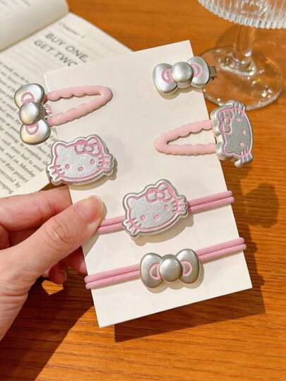  6 chiếc kẹp tóc hình mèo Hello Kitty dễ thương của SANRIO, kẹp tóc mái kiểu Nhật Kawaii, dây buộc tóc hoạt hình, phụ kiện tóc cho bé gái, bộ kẹp tóc + dây buộc tóc, co giãn, đa năng dùng cho tóc đuôi ngựa, món quà tuyệt vời cho bạn bè.