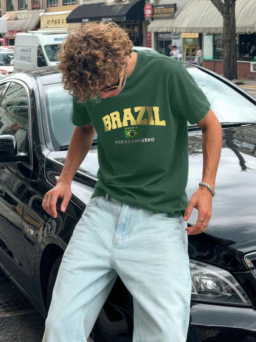 男士图案T恤，复西足球球衣，休闲足球迷装扮，足球衫，100%聚酯纤维透气针织面料，常规版型圆领设计 - 墨綠色 - 查看 1