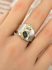 1 pièce Ensemble de bijoux de bague de mariage pour femme, édition large, avec anneaux en zirconium vert synthétique. Convient pour les fiançailles et les célébrations d'anniversaire - anneau - Voir 2