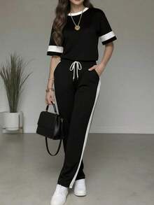 2pcs/Set Women's Casual Matching Contrast Color Round Neck Short Sleeve Top And High Waist Drawstring Straight Leg Pants, Spring/Summer - Black - View 4