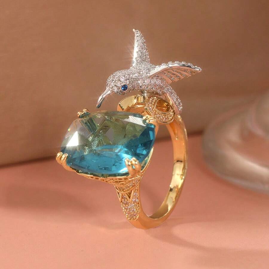 Vintage Elegant 3D Hummingbird Open Ring, Dual-Tone Ring With Synthetic Aquamarine Zirconia Stone, Perfect Gift For Women And Girls - Gold - View 1