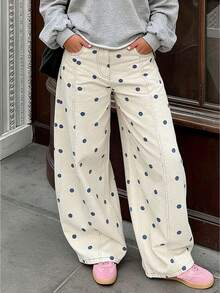 Women's 2026 Polka Dot Barrel Jeans Curved Sword Pants Boyfriend Y2K Casual Wide Leg Mid Rise Denim Pants - 天藍 - 查看 1