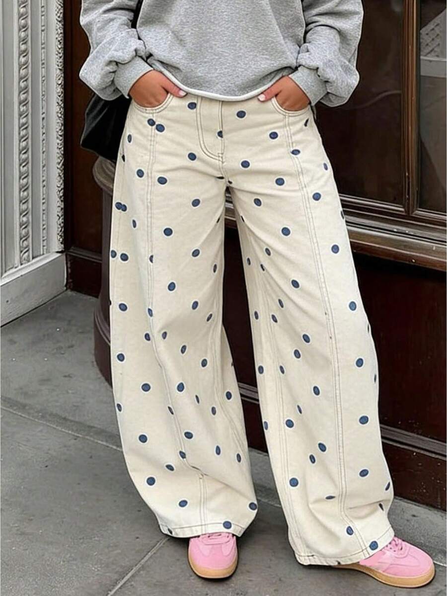 Women's 2026 Polka Dot Barrel Jeans Curved Sword Pants Boyfriend Y2K Casual Wide Leg Mid Rise Denim Pants - 天藍 - 查看 1
