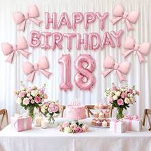 22pcs 16-Inch Pearl Pink Birthday Banner With Pink Bow, 18th Birthday Party Decoration Balloon Set - View 5