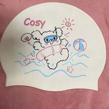 成人及儿童可爱白色小狗图案泳帽，防水护耳泳帽，男女通用 - 白色 - 查看 5