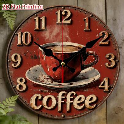 10x10inch Outdoor Wall Clock, Suitable For Farmhouses, Patios, Gardens, Vintage Industrial Style Cafes, Silent Non-Ticking Clock With Steam Coffee Cup Pattern, Made Of Artificial Wood, Maintenance-Free Operation, Bar And Coffee Shop Decoration, 2D Flat Design,Holiday Decor,Wall Deocr,House Deocr,Home Essentials,Picks
