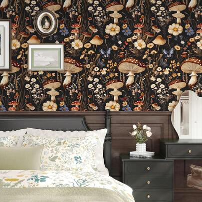 Extra Large Mushroom Removable Wallpaper, Vintage Floral Contact Paper, Leaf Design, Suitable For Cabinet, Bedroom, Rental Home, Removable