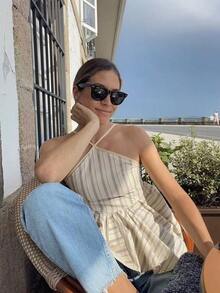 女士条纹吊带背心，荷叶边喇叭下摆和荷叶边细节，聚酯纤维，无弹力，常规长度 - 白色 - 查看 7