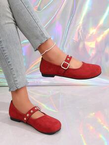 2026春季新款时尚女式麂皮玛丽珍鞋，金色铆钉方扣，软底圆头平底鞋，法式圆头浅口复古设计 - 紅色 - 查看 5