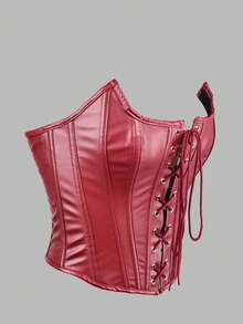 Apperloth A 酒红色性感束身胸衣上衣，PU皮革束腰露脐上衣，女士系带前金属孔眼系带露背紧身胸衣，适合情人节狂欢节 - 酒紅色 - 查看 3