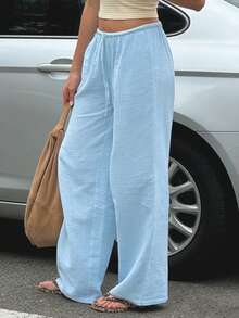 Women's Loose Fit Drawstring Waist Wide Leg Pants, Lightweight Breathable Casual Trousers, Slouchy, Light Blue, Summer Spring - Baby Blue - View 5