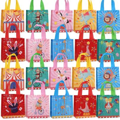 CARRIECUR 马戏团主题无纺布手提袋，可重复使用的嘉年华动物印花礼品袋，带提手，色彩缤纷的派对礼品袋，适用于生日、嘉年华活动、婴儿派对和糖果袋