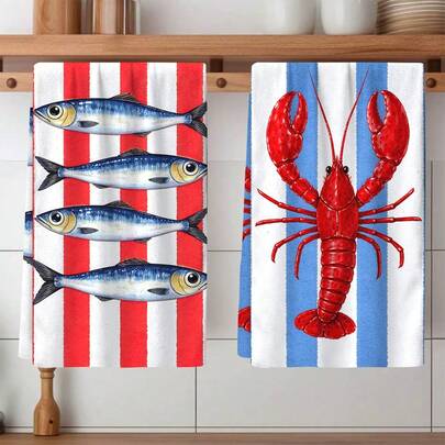 2pcs Striped Towels, Lobster & Sardine Printed Dish Cloths, Super Absorbent Microfiber Decorative Towels, Suitable For Holiday Decoration, Cooking, Baking, Housewarming Gifts And Cleaning Supplies, Applicable To Kitchen, Bathroom, Toilet