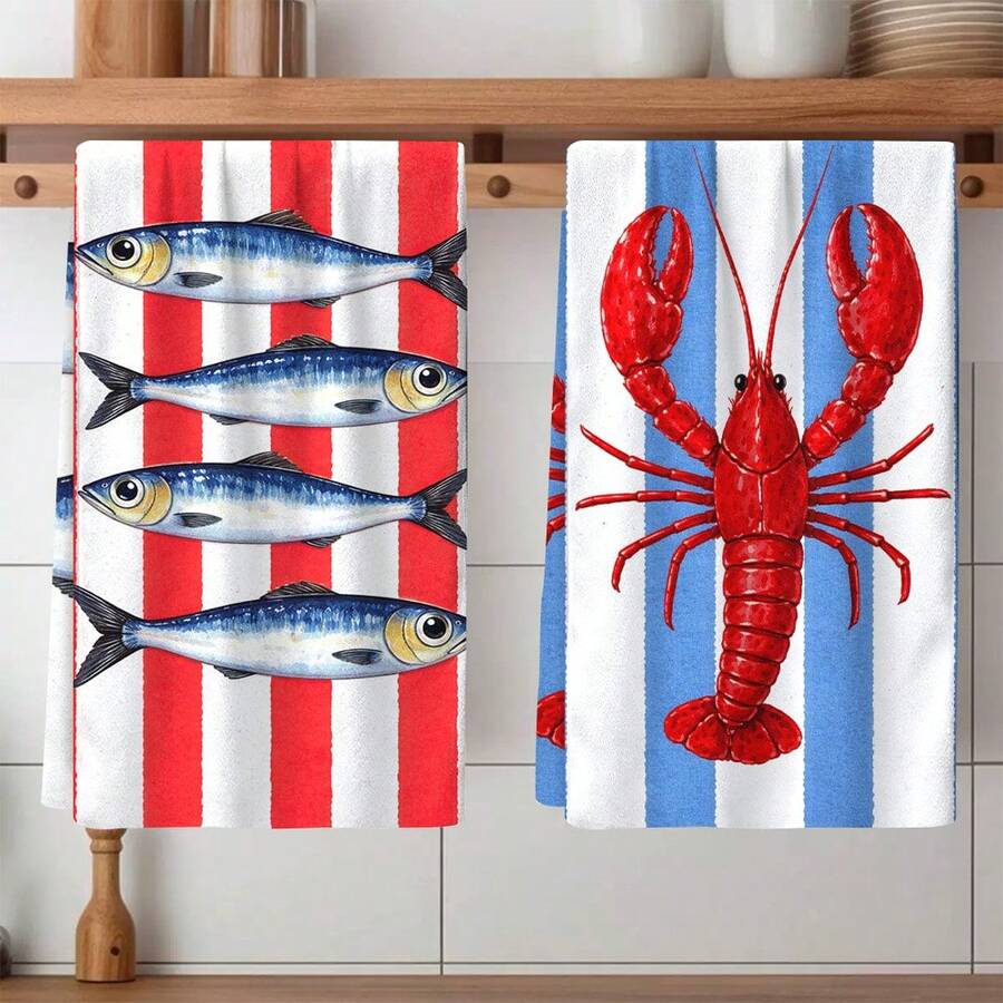 2pcs Striped Towels, Lobster & Sardine Printed Dish Cloths, Super Absorbent Microfiber Decorative Towels, Suitable For Holiday Decoration, Cooking, Baking, Housewarming Gifts And Cleaning Supplies, Applicable To Kitchen, Bathroom, Toilet - Multicolor - View 1